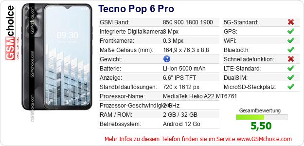 Tecno Pop 6 Pro technische Daten Tecno Pop 6 Pro technische Daten