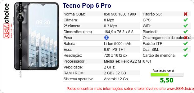 Tecno Pop 6 Pro Especificações técnicas do telemóvel 
