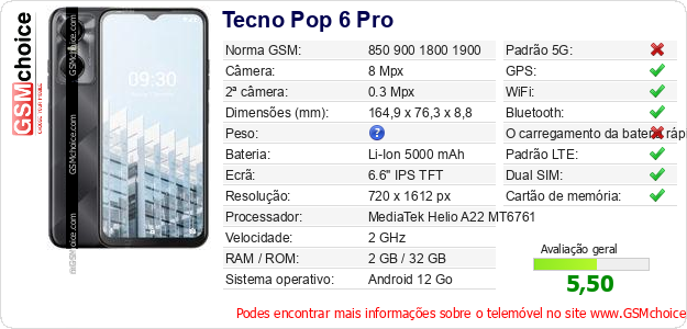 Tecno Pop 6 Pro Especificações técnicas do telemóvel Tecno Pop 6 Pro Especificações técnicas do telemóvel