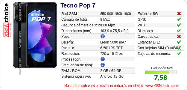 Tecno Pop 7 Datos técnicos del móvil Tecno Pop 7 Datos técnicos del móvil