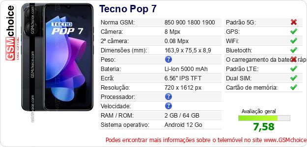 Tecno Pop 7 Especificações técnicas do telemóvel 