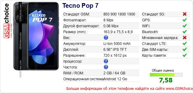 Tecno Pop 7 Технические данные телефона Tecno Pop 7 Технические данные телефона