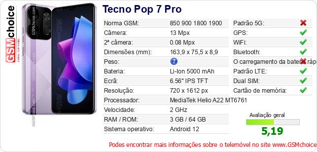 Tecno Pop 7 Pro Especificações técnicas do telemóvel Tecno Pop 7 Pro Especificações técnicas do telemóvel