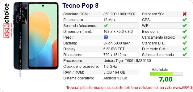 Tecno Pop 8 Dati tecnici di telefono cellulare Tecno Pop 8 Dati tecnici di telefono cellulare