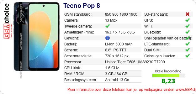 Tecno Pop 8 Technische gegevens Tecno Pop 8 Technische gegevens