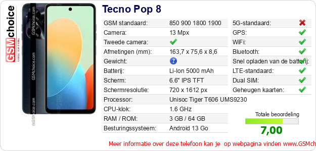 Tecno Pop 8 Technische gegevens 