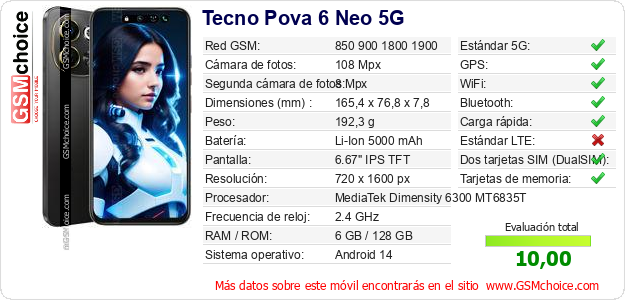 Tecno Pova 6 Neo 5G Datos técnicos del móvil Tecno Pova 6 Neo 5G Datos técnicos del móvil