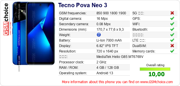 Tecno Pova Neo 3 手機技術數據