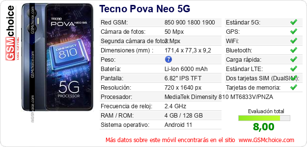 Tecno Pova Neo 5G Datos técnicos del móvil 