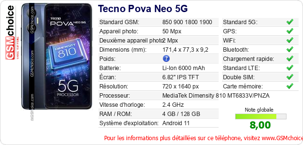 Tecno Pova Neo 5G Fiche technique Tecno Pova Neo 5G Fiche technique