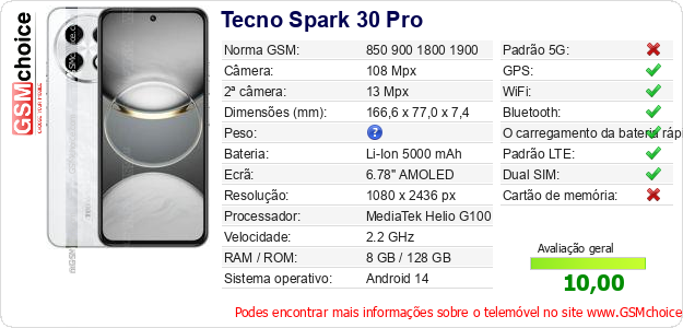 Tecno Spark 30 Pro Especificações técnicas do telemóvel 
