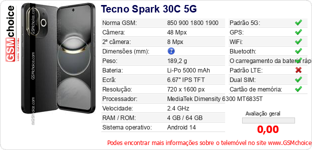 Tecno Spark 30C 5G Especificações técnicas do telemóvel 