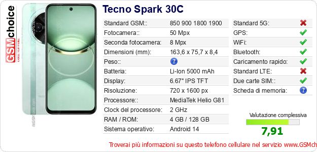 Tecno Spark 30C Dati tecnici di telefono cellulare Tecno Spark 30C Dati tecnici di telefono cellulare