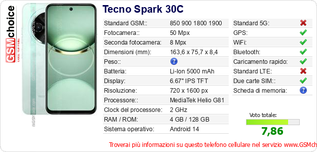 Tecno Spark 30C Dati tecnici di telefono cellulare 