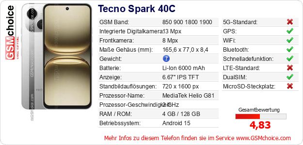 Tecno Spark 40C technische Daten Tecno Spark 40C technische Daten