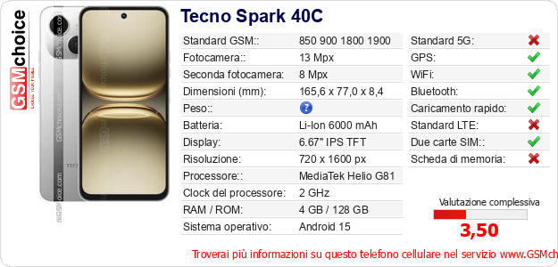 Tecno Spark 40C Dati tecnici di telefono cellulare 