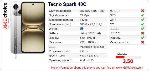 Tecno Spark 40C 手机技术数据