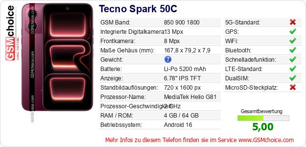 Tecno Spark 50C technische Daten Tecno Spark 50C technische Daten