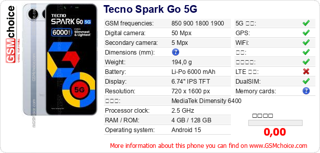 Tecno Spark Go 5G 手机技术数据
