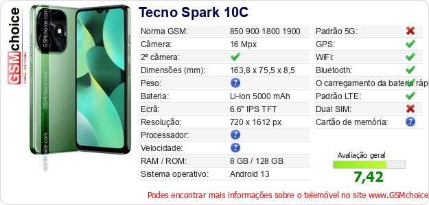 Tecno Spark 10C Especificações técnicas do telemóvel Tecno Spark 10C Especificações técnicas do telemóvel