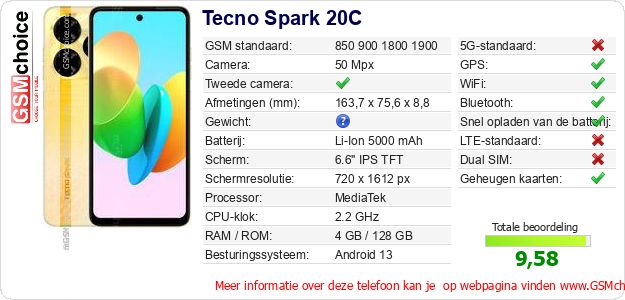 Tecno Spark 20C Technische gegevens Tecno Spark 20C Technische gegevens