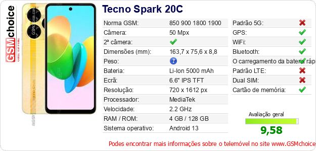 Tecno Spark 20C Especificações técnicas do telemóvel Tecno Spark 20C Especificações técnicas do telemóvel