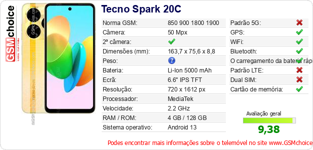 Tecno Spark 20C Especificações técnicas do telemóvel Tecno Spark 20C Especificações técnicas do telemóvel