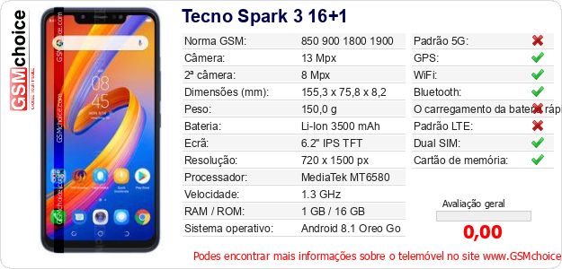 Tecno Spark 3 16+1 Especificações técnicas do telemóvel 