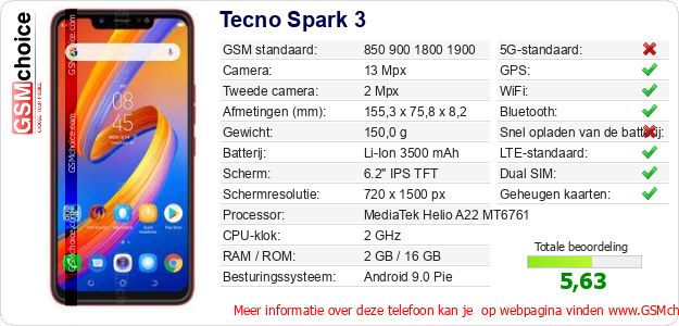 Tecno Spark 3 Technische gegevens Tecno Spark 3 Technische gegevens