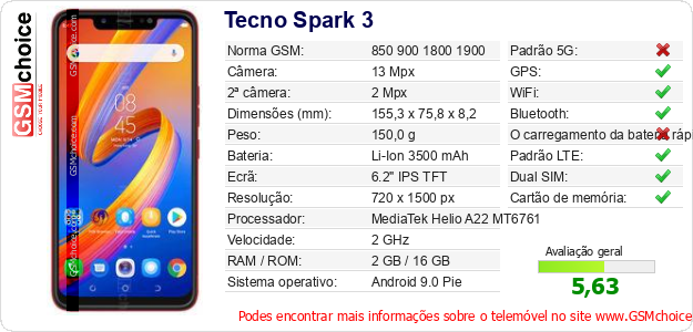 Tecno Spark 3 Especificações técnicas do telemóvel Tecno Spark 3 Especificações técnicas do telemóvel