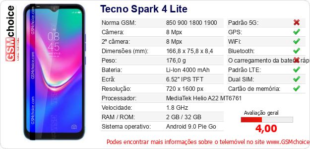 Tecno Spark 4 Lite Especificações técnicas do telemóvel Tecno Spark 4 Lite Especificações técnicas do telemóvel