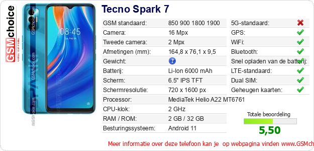 Tecno Spark 7 Technische gegevens 