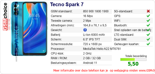 Tecno Spark 7 Technische gegevens Tecno Spark 7 Technische gegevens