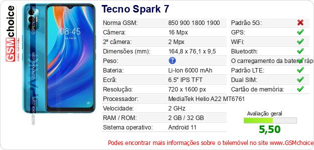 Tecno Spark 7 Especificações técnicas do telemóvel 