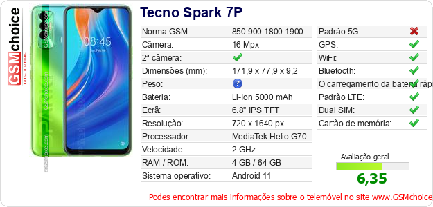Tecno Spark 7P Especificações técnicas do telemóvel 