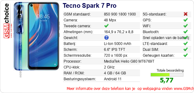 Tecno Spark 7 Pro Technische gegevens 
