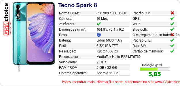 Tecno Spark 8 Especificações técnicas do telemóvel 