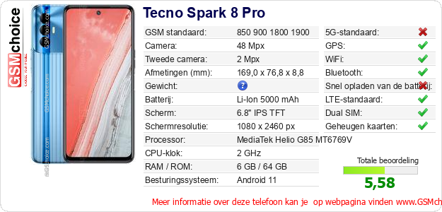 Tecno Spark 8 Pro Technische gegevens 