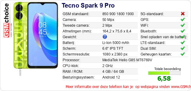 Tecno Spark 9 Pro Technische gegevens 