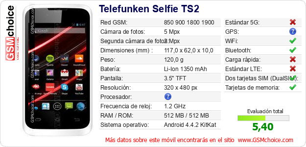 Telefunken Selfie TS2 Datos técnicos del móvil 