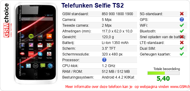 Telefunken Selfie TS2 Technische gegevens Telefunken Selfie TS2 Technische gegevens