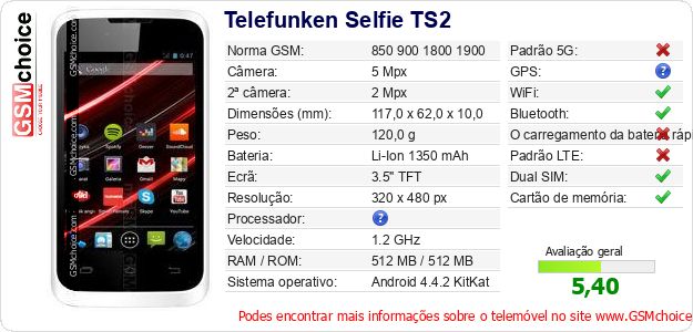 Telefunken Selfie TS2 Especificações técnicas do telemóvel 