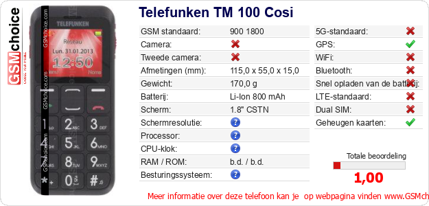 Telefunken TM 100 Cosi Technische gegevens 