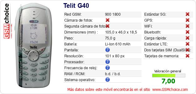 Telit G40 Datos técnicos del móvil Telit G40 Datos técnicos del móvil