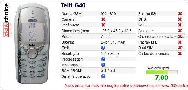 Telit G40 Especificações técnicas do telemóvel Telit G40 Especificações técnicas do telemóvel