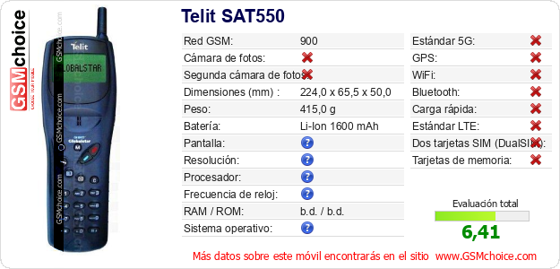 Telit SAT550 Datos técnicos del móvil Telit SAT550 Datos técnicos del móvil