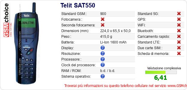 Telit SAT550 Dati tecnici di telefono cellulare Telit SAT550 Dati tecnici di telefono cellulare