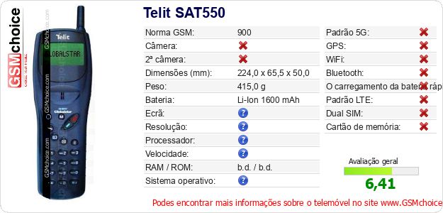 Telit SAT550 Especificações técnicas do telemóvel Telit SAT550 Especificações técnicas do telemóvel