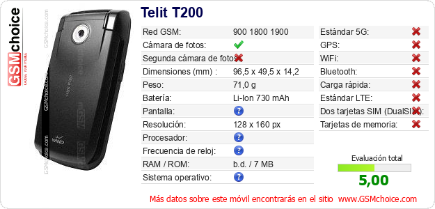 Telit T200 Datos técnicos del móvil Telit T200 Datos técnicos del móvil