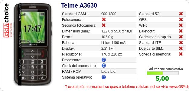 Telme A3630 Dati tecnici di telefono cellulare Telme A3630 Dati tecnici di telefono cellulare
